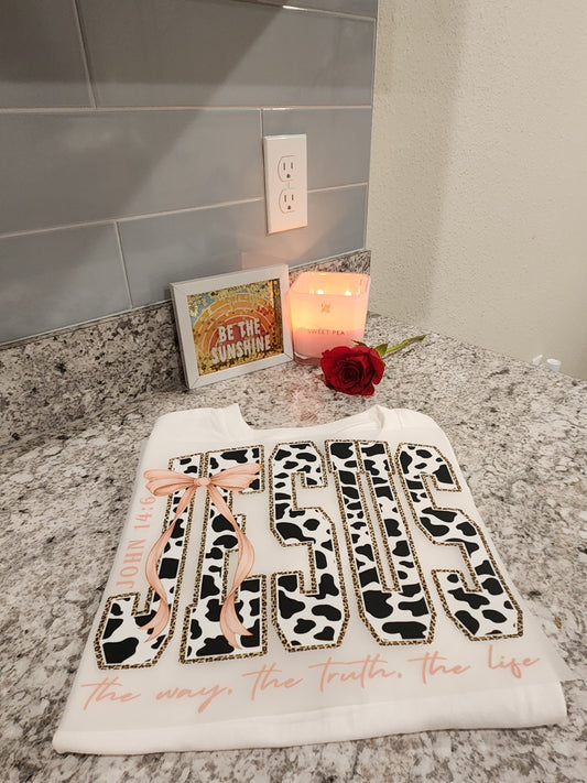 Faith Cow Print "Jesus" DTF Transfer- Customize Apparel