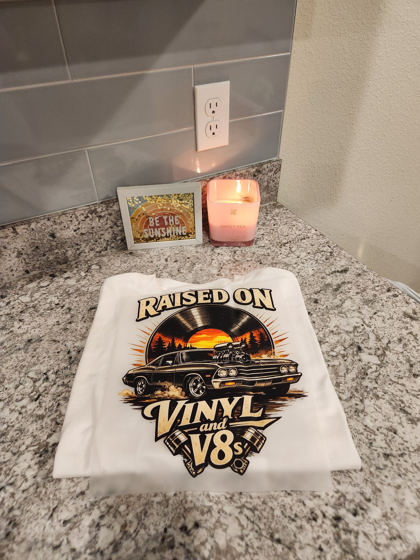 Custom " Raised on Vinyl and V8" DTF Transfer